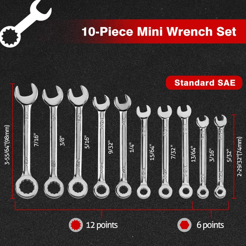 SPEEDWOX Mini SAE Ignition Wrench Set 10 Pcs 5/32"-7/16" Standard Small Wrench Set Combination Wrenches Open and Box End Set Mini Spanner Set with Portable Storage Pouches and A Ring - Image 2
